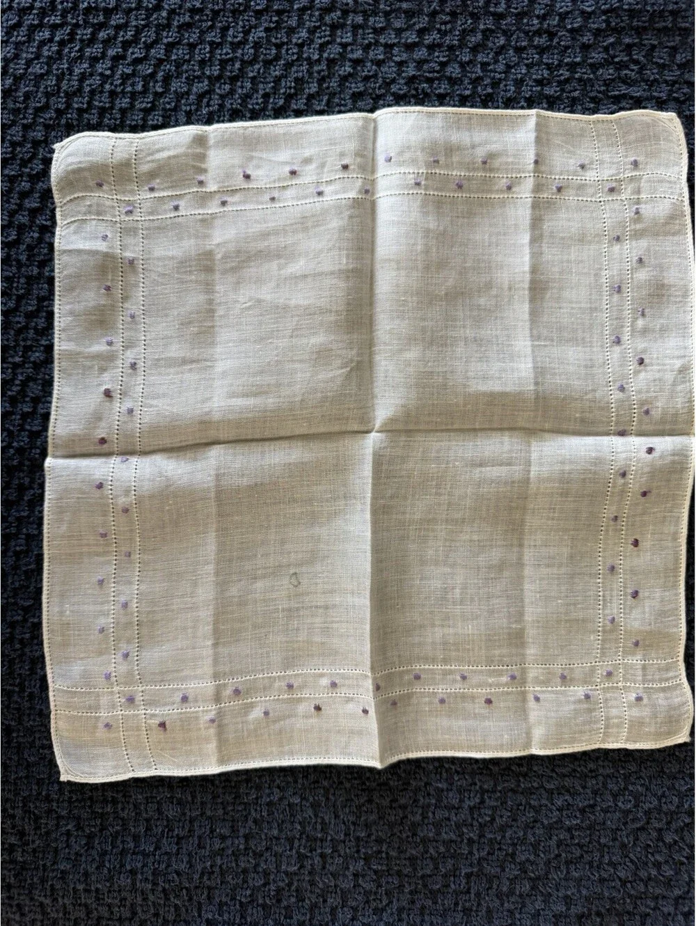 Cotton Square Handkerchief White w/ Purple Embroidered Polka Dot Border